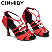 CINMIDY สีแดงซาตินรองเท้าเต้นรำละตินผู้หญิงรองเท้าปาร์ตี้ Salsa Tango บอลรูมเต้นรำรองเท้าด้านล่างนุ่มรองเท้าแตะผู้หญิง