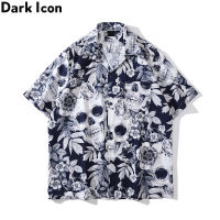 Dark Icon เสื้อเชิ้ตผู้ชายลายดอกไม้กระดูก,เสื้อเชิ้ตวินเทจสำหรับผู้ชายเสื้อสำหรับฤดูร้อน