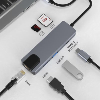 3.0ฮับ USB 6ใน1สำหรับแล็ปท็อปอะแดปเตอร์ PD ค่าใช้จ่าย6พอร์ต100เมตร RJ45 HDMI-4K Tf/ การ์ด SD โน๊ตบุ๊คสำหรับ MacBook Pro Type-C Splitter Feona