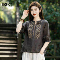 EXXT เสื้อเสื้อแขนครึ่งท่อนคอวีปักลายผู้หญิง,เสื้อลายดอกไม้สไตล์ชาติพันธุ์เสื้อเสื้อเสื้อเสื้อ Tunics