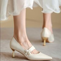 รองเท้าส้นสูง หัวแหลม สีขาว สําหรับผู้หญิง ไซซ์ 34-39