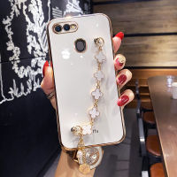 COROGI F9 A5s A7สำหรับ OPPO A12,F9 Pro เคสพร้อมสายรัดข้อมือลายดอกโคลเวอร์นำโชคกำไลข้อมือเคสมือถือชุบ6D หรูหรากรอบหลังป้องกันซิลิโคนแบบนิ่มขอบสี่เหลี่ยม