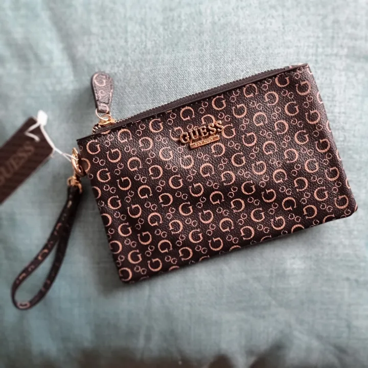 Original Guess Monogram Zip Around Women's Wristlet Wallet - Brown 