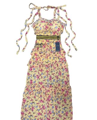 P018-015 PIMNADACLOSET - Spaghetti Strap Tie Shoulder Chiffon Floral Print Sexy Midi Dress