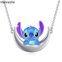 Hanreshe Ohana Stitch Anime Necklace Silver Color Crescent Stitch Cartoon Stainless Steel Pendant Necklace Jewelry for Women
