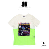 (SIX P.M.) TWO TONE TEE WHITE JERSEY CUTTING WITH NEON MESH FRONT  PRINT PATCH AND EMBROIDERY / เสื้อยืดคอกลมขาว ตัดต่อผ้าตาข่ายเขียว สะท้อนแสง หน้าแปะผ้าพิมพ์ ปักลาย / S19