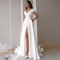 Sexy V-Neck Short Sleeve Prom Wedding White Dress Night Club Evening Party Dress Women Evening Elegant Slit Long Maxi Dress