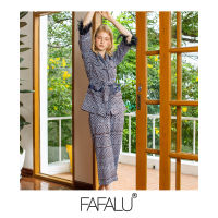 [FAFALU Kimono] Blue Kimono Set ชุดเซตกิโมโนลายกระสีฟ้า แต่งปลายแขนด้วยขนนก