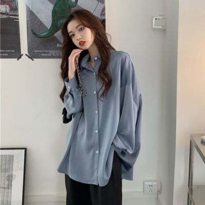 [Spot] Spring and Autumn Korean style new loose mid-length haze blue idle style casual salt long sleeve shirt for women 2023