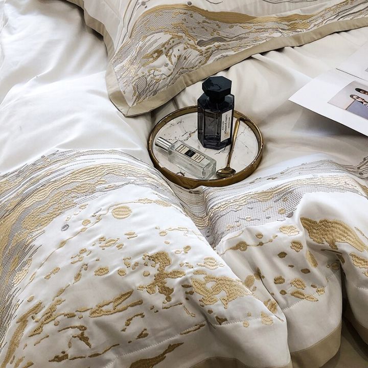 ชุดเครื่องนอนผ้าฝ้ายยาว100s-สไตล์อียิปต์ปักสีทองศิลปะสมัยใหม่ชุดเครื่องนอนผ้าหมอนผ้าลินินหรูหรา