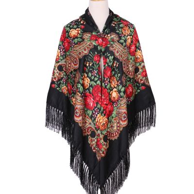 ผ้าพันคอรัสเซียสำหรับผู้หญิงขนาด160*160ซม. ผ้าพันคอผ้าห่มสี่เหลี่ยมผ้าคลุมไหล่ผ้าพันคอประจำชาติฝอยผ้าคลุมไหล่ลายดอกไม้โบราณผ้าคลุมศีรษะ