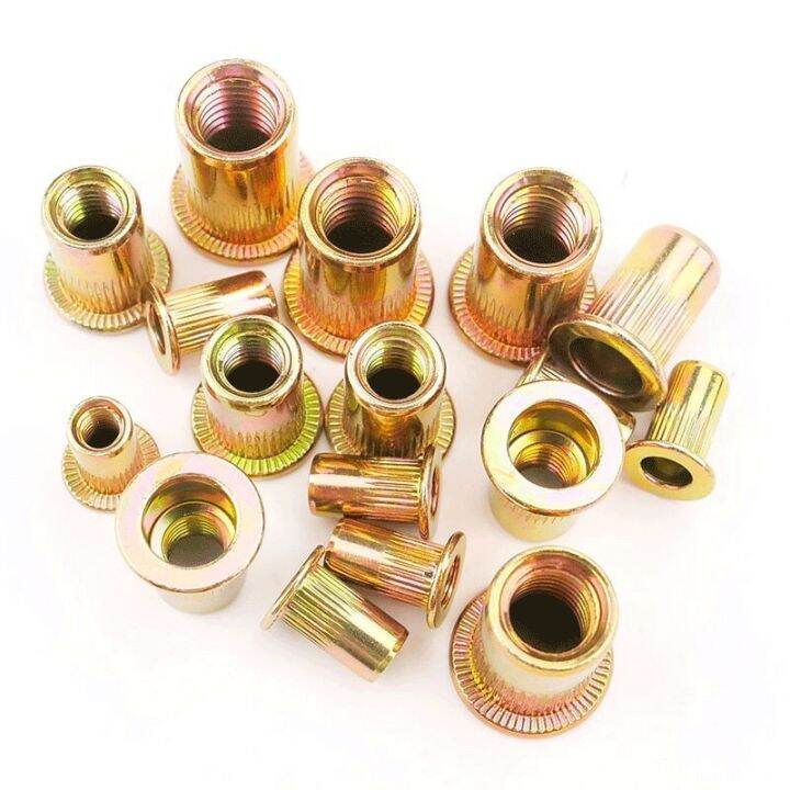 1-200-pcs-m3-m4-m5-m6-m8-m10-m12-rivet-nut-flat-head-threaded-rivet-insert-nutsert-carbon-steel-color-zine-knurled-nuts-rivnut