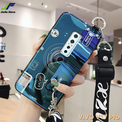 Jiefei สำหรับ VIVO V17 Pro 3D บลูเรย์กล้องสไตล์โทรศัพท์กรณีที่มีสายรัดข้อมือเชือกเส้นเล็ก S tander และคอเชือกเส้นเล็กซิลิโคนอ่อนนุ่มปกหลังกรณี