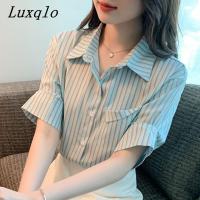 Luxqlo เสื้อลายทางผู้หญิง,เสื้อฤดูร้อนแฟชั่นแขนลำลองขาสั้นเสื้อเชิ๊ตสตรีผ้าชีฟองสไตล์เกาหลีเสื้อยืดผู้หญิงฤดูร้อน