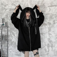 Autumn Winter Black Rabbit Ears Hoodies Bunny Kawaii Sweatshirt Women Girls Japanese Pop Loose Long Sleeve Plus Size Emo Jacket