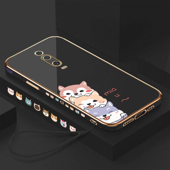 คลังสินค้าพร้อม-เคสเคสมือถือสำหรับ-k20-xiaomi-redmi-พร้อมฟรีสายคล้อง-การ์ตูนสุนัขชุบเคลือบขอบสี่เหลี่ยมฝาหลังนิ่ม