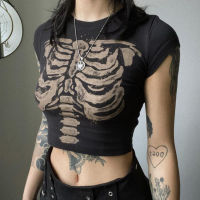 Punk Rock เสื้อยืดหญิง Gothic Skull พิมพ์เสื้อยืดแขนสั้น Y2K สีดำ Slim Fit Bare Bellied Top ฤดูร้อน2023