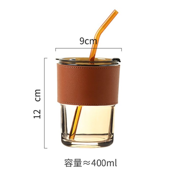 แก้วน้ำ-แก้วกาแฟ-แก้วใส่น้ำ-400ml-แก้วใส่กาแฟ-สไตล์มินิมอล-พร้อมหลอดแก้ว-ฝาปิด-ปลอกหนังกันร้อน