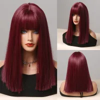 CharmSource Wine Red Synthetic Wigs Middle Long Straight Wig with Bangs for Women Cosplay Party Heat Resistant Fiber Fake Hair Wig  Hair Extensions Pa