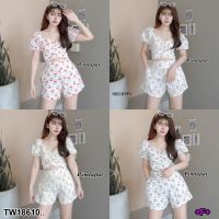 18610 set 2 ชิ้น เสื้อแขนตุ๊กตา ลายเชอร์รี่ + กางเกงขาสั้นลายเชอร์รี่ Set of 2 pieces: doll sleeve shirt with cherry pattern + shorts with cherry pattern