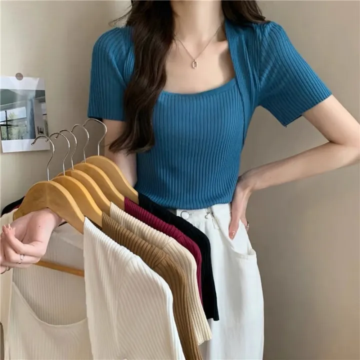 korean Knitted Short Sleeve / korean fashion knitted blouse sexy ...