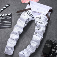 【CW】Hole Casual Straight Fashion White New Style Denim Jeans Long whitusers Mens Jeans Denim White Newspaper Printing