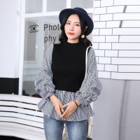 Womens Knit Patchwork Fake Two-Piece Tops Slim Fit Lantern Sleeved Shirt Tide Turtleneck Pullovers Sweater Tops ML574