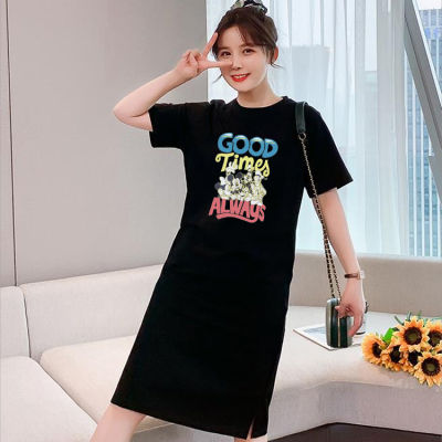 เดรสยาวเสื้อยืดแฟชั่นผู้หญิงสไตล์เกาหลี คอกลมแขนสั้น เนื้อผ้ายืดหยุ่นดี แนวหวานสดวัยรุ่นน่ารักQ14(จัดส่งโดยKerry)
