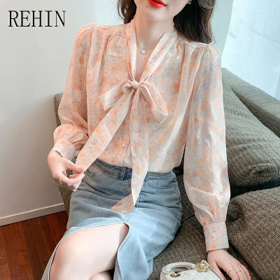 REHIN เสื้อเชิ้ตผู้หญิงลายดอกไม้,เสื้อแขนยาวผ้าชีฟองใหม่แฟชั่นสไตล์เกาหลีที่สุดยอดกระพือสำหรับฤดูใบไม้ผลิ