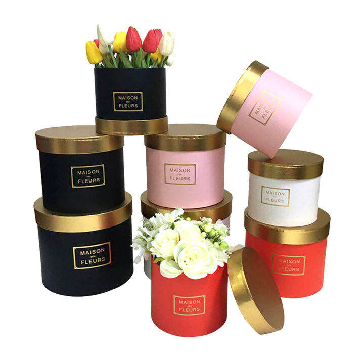 SHIOK 3 in 1 Round Shaped Flower Gift Box With Gold Cover For Flower