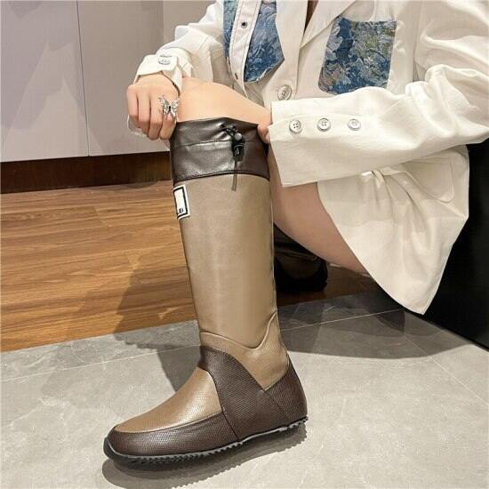 Ruer rainboots mùa thu chắp vá cao đến đầu gối giày đế bằng mũi tròn cao - ảnh sản phẩm 1
