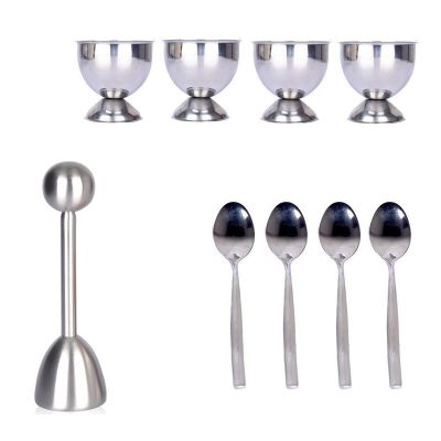 Quiche Biscuit Top Cover Set Soft Hard Baked Egg Separator Holder Includes 1x Egg Opener, 4x Egg spoon, 4x Egg Cup Top Cutter Stainless Steel, Suitable For Breakfast Kitchen Tools