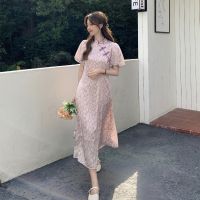 【CW】 Chiffon Elegant Women Dress Chinese Cheongsams Summer New Floral Printing Puff Sleeve Slim Long Dresses Vintage Gentle Qipao