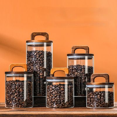 Glass Food Storage Jars with Wooden Lid Coffee Beans Candy Tea Grains Canister Home Snacks Kitchen Food Storage Containers