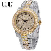 ZZOOI CUC Mens Gold Color Baguette Watch Iced Out Rhinestones Fashion Stainless Steel Mesh Belt Quartz Watches HipHop Jewelry