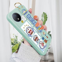 GGK เคสโทรศัพท์ประจำวันสำหรับ Vivo,Y02T Y02A Y02พร้อมสายรัดข้อมือลายการ์ตูนโดราเอมอนน่ารักขอบสี่เหลี่ยมของเหลวปลอกซิลิโคนคลุมทั้งหมดกล้องเคสป้องกันการกระแทก