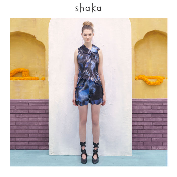 ss19-shaka-mantra-shot-pants-กางเกงขาสั้นผ้าพิมพ์ลายชากะ-ดีไซน์การเก็บขอบเอวกางเกงและปลายขากางเกง-pn-s190403