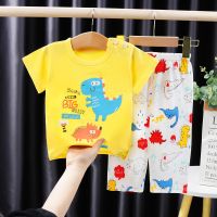 [COD] Childrens summer childrens air-conditioned suit pure boys and girls short-sleeved t-shirt trousers home clothes baby pajamas