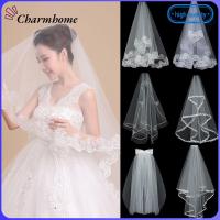 CHARMHOME ของใหม่ เรียบหรู ผ้าคลุมหน้าภาพถ่าย สองชั้น ขอบลูกไม้ ผ้าคลุมหน้าเจ้าสาว พร้อมหวี ผู้หญิง Tulle ผ้าคลุมหน้างานแต่งงาน