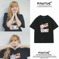 [มีสินค้า]Lisa เดียวกัน Mary cat เสื้อยืดผู้หญิงแขนสั้นผ้าฝ้ายการ์ตูนใหม่