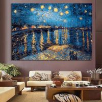 Impressionist Van Gogh Starry Night ภาพวาดผ้าใบโปสเตอร์และพิมพ์ภาพผนังศิลปะสำหรับห้องนั่งเล่นตกแต่งบ้าน