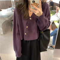 Kimotimo Solid Cardigan Crop Top Women Korean Chic Simplicity V-neck Oblique Buckle Sweater Autumn Solid Long Sleeve Cardigans