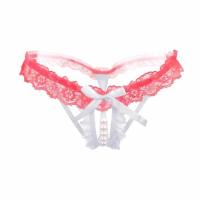 White-Pink Lace Open G-String W Pearl จีสตริงลูกไม้สีขาวขลับลูกไม้ชมพู เป้าเปิด แต่งมุก สุดเซ็กซี่