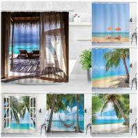 Seaside Beach Shower Curtains Tropical Palm Trees Plant Ocean Hawaii Vacation Nature Scenery Bath Curtain Summer Bathroom Decor