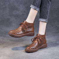 Spot parcel post Genuine Leather Sandal Boots Hollow Womens Boots New R Ankle Boots Summer Sandals Lace-up Martin Boots Drilled Boots Soft Bottom Pumps