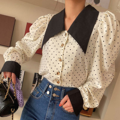 Neploe Hit Color Patchwork Dot Blouse Women Turn Down Collar Puff Long Sleeve Single Breast Blusas Spring  New Shirt Loose