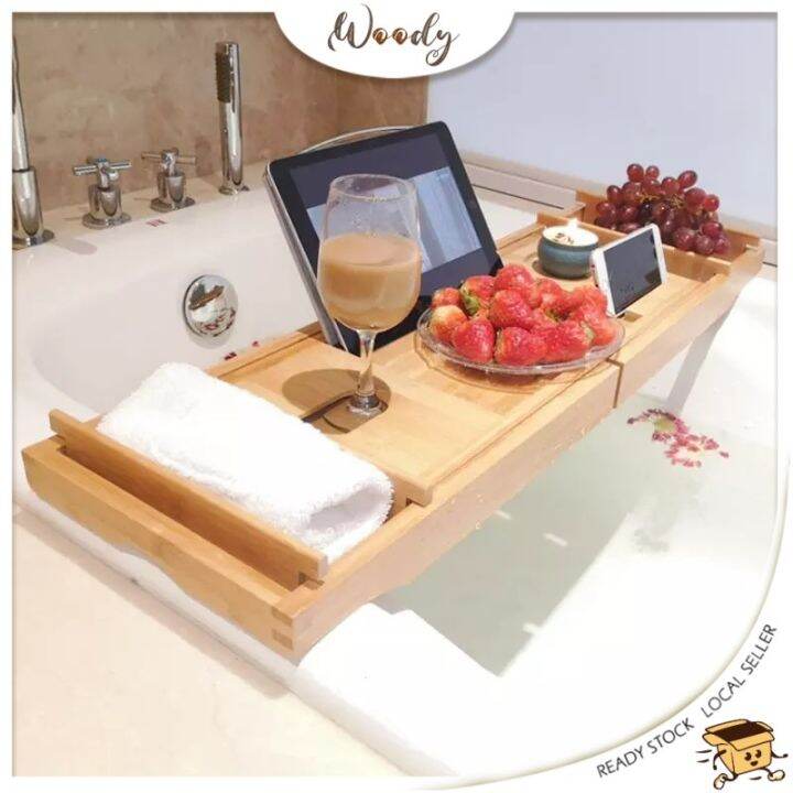 【Woody】 Bathtub Tray Spa Bathtub Caddy Organizer Rack Book Wine Tablet ...