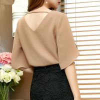 ReadyStock S-2XL Slit Ruffle Sleeve Chiffon Blouse Short Sleeve Women Tops Korea Casual Summer 2020 BlackRedKhaki