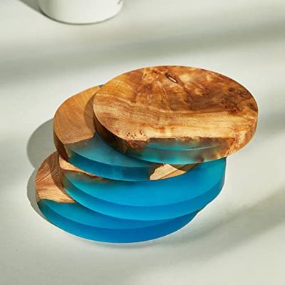 4 PCS Wooden Coasters with Epoxy Resin Bar Coaster Blue for Drinks, Modern Coasters for Bar Kitchen Home Apartment