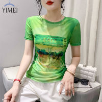 YIMEI เสื้อยืดผู้หญิงพิมพ์ลายหน้าจอระบุตำแหน่งแฟชั่น2023ฤดูร้อนแขนสั้นคอกลมเข้ารูปพอดีเสื้อวินเทจสวย